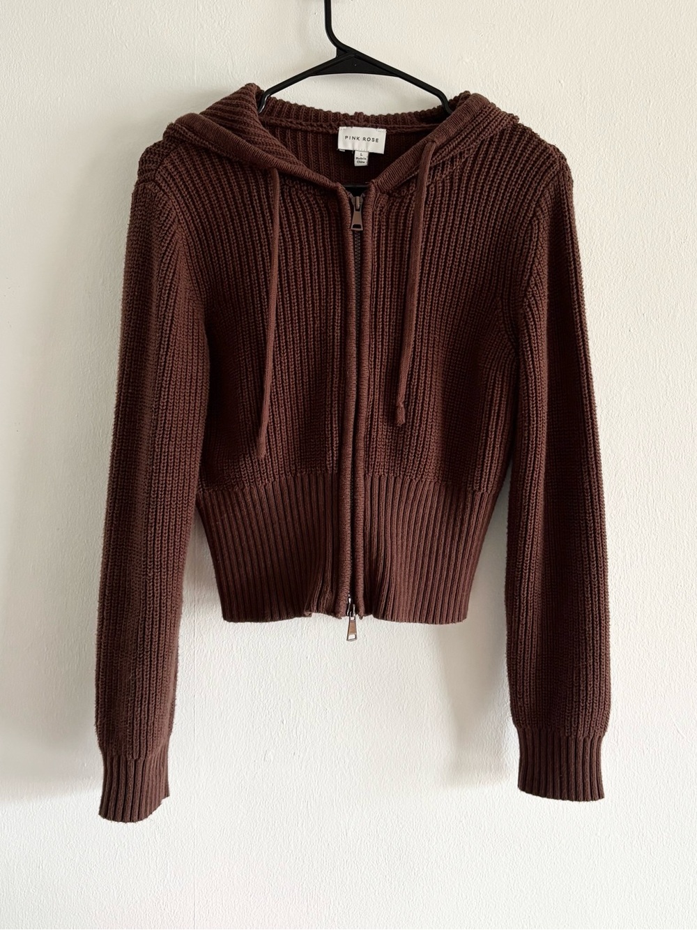 Brown ribbed knit zip up sweater hoodie